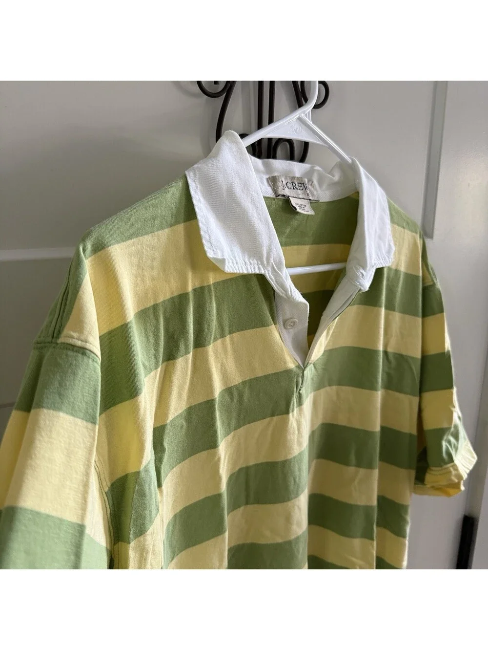 Vintage J.Crew Rugby Shirt Men XL Green Yellow Stripe 100% Cotton Preppy